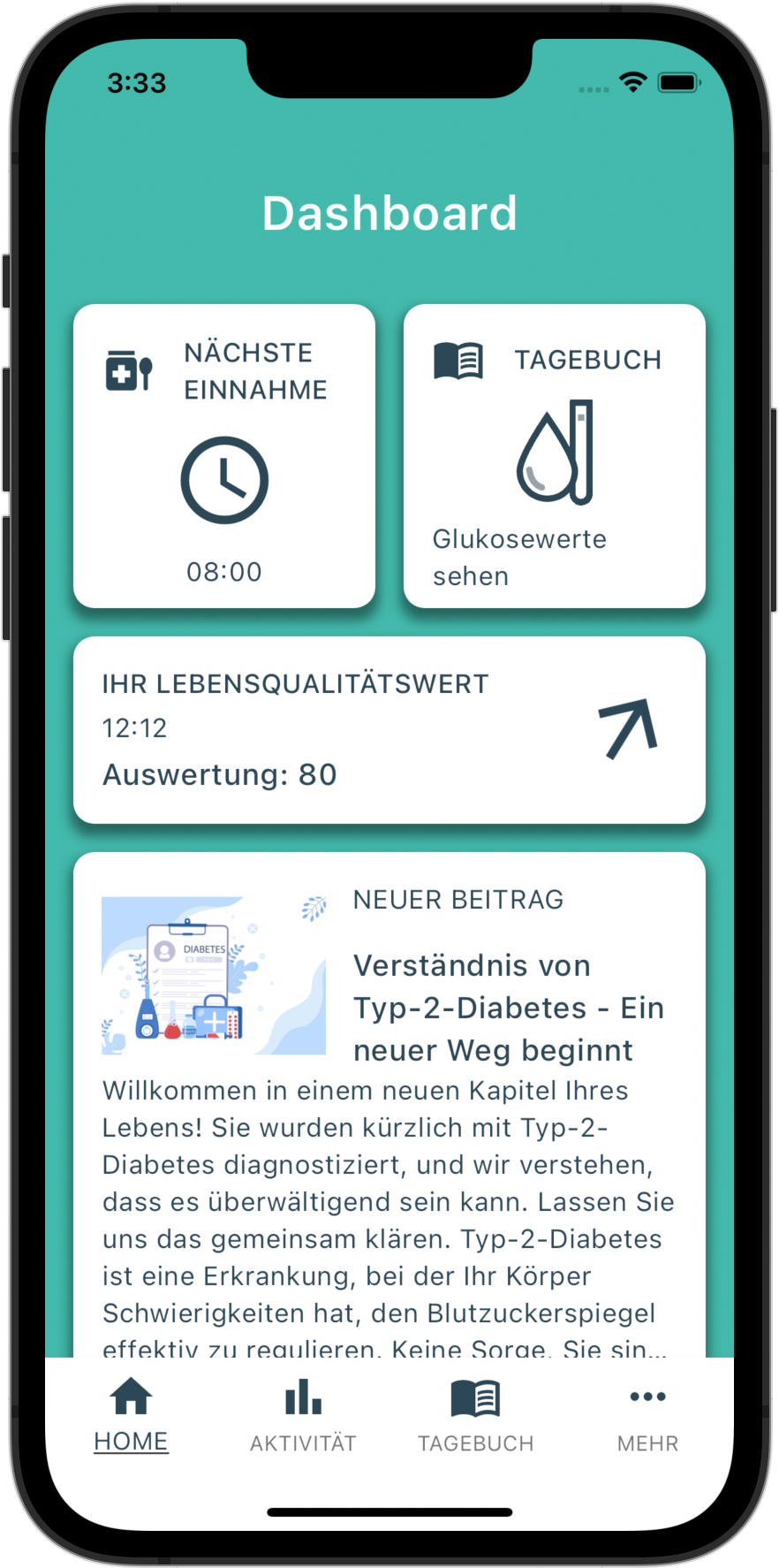 BAYOOMED MedicalOne Connect_Skeleton App Dashboard mit Einnahme und Tagebuch